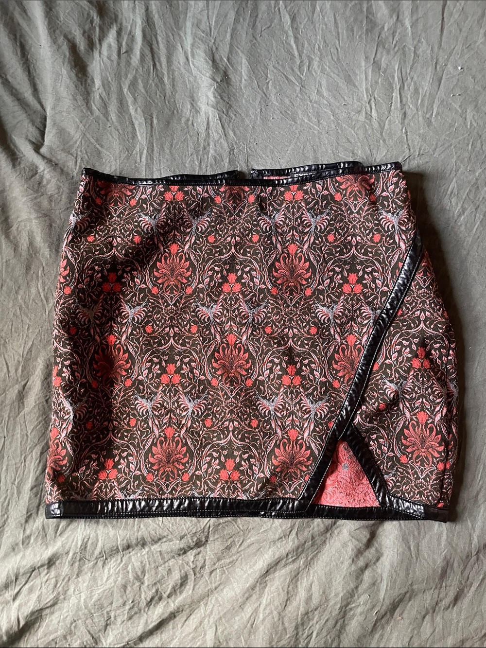 Express Red and Black Brocade Mini Skirt